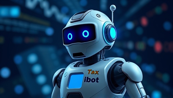 An imaginative depiction of TaxBot AI as a friendly robot assisting individuals and businesses with tax compliance tasks, symbolizing efficiency and precision in financial processes through artificial intelligence.