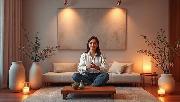 A tranquil virtual consultation room with calming essential oil diffusers, soothing background music, and a serene atmosphere, where a consultant is seen presenting customized aromatherapy blends to a client on a virtual call, evoking a sense of relaxation and well-being.