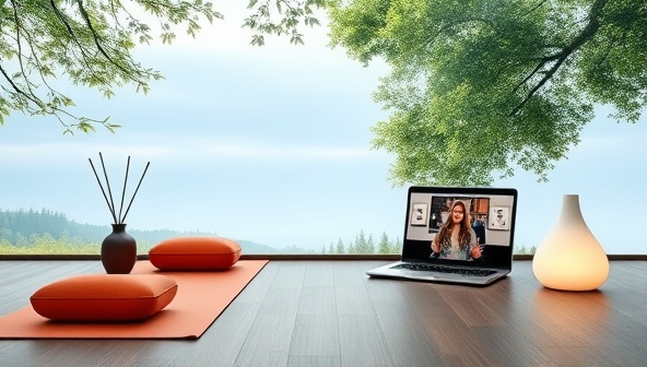 A serene virtual retreat setting with calming nature backgrounds, yoga mats and meditation cushions arranged for an online session, aromatherapy diffusers emitting soothing scents, and a laptop displaying a virtual workshop, creating a peaceful and rejuvenating atmosphere for participants.