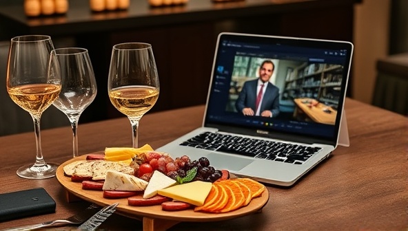 A virtual tasting setup with a beautifully arranged charcuterie board, elegant glassware, and a laptop displaying a live tasting session, evoking a luxurious and sensory-rich culinary experience.