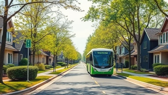 An idyllic neighborhood scene with an electric shuttle driving through tree-lined streets, picking up passengers at designated stops, illustrating the seamless and eco-friendly transportation experience provided by NeighBolt Shuttle for local residents and communities.
