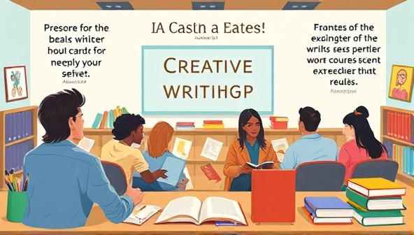 An artistic illustration depicting a virtual classroom setting with diverse participants engaging in a creative writing workshop, surrounded by colorful books, pens, and inspirational quotes on creativity, evoking a sense of imagination and community among writers.