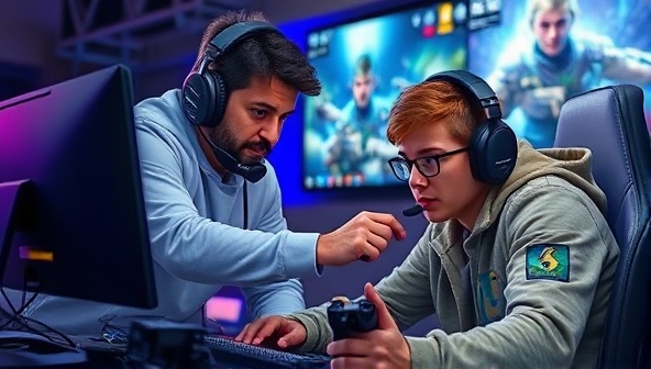 An engaging visual of a coach guiding a gamer through a strategic move in a game, with both individuals focused on the screen, surrounded by gaming accessories and a dynamic background showcasing different game environments.