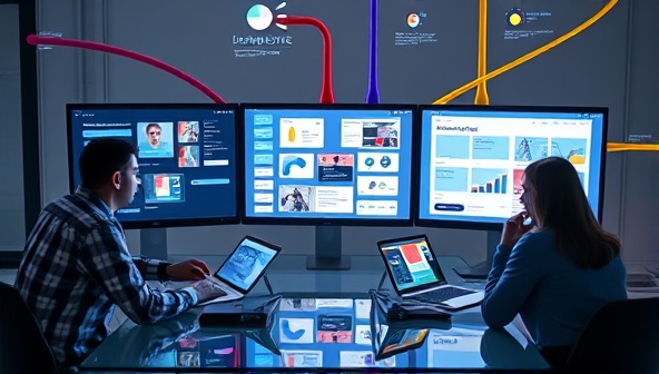 A dynamic visual representation of a virtual design team working together on different screens, sharing design concepts and feedback in real-time, with colorful digital connections symbolizing the synchronized collaboration experience on DesignSync Hub.