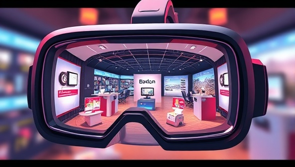 An artistic rendering of a VR headset displaying a branded virtual world with interactive elements and product showcases, illustrating the immersive and engaging nature of VR marketing experiences.