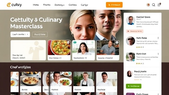 A dynamic online marketplace interface showcasing a variety of culinary masterclass offerings, chef profiles, and user testimonials, with engaging visuals and intuitive navigation, reflecting a hub of culinary expertise and learning opportunities for aspiring chefs and cooking aficionados.