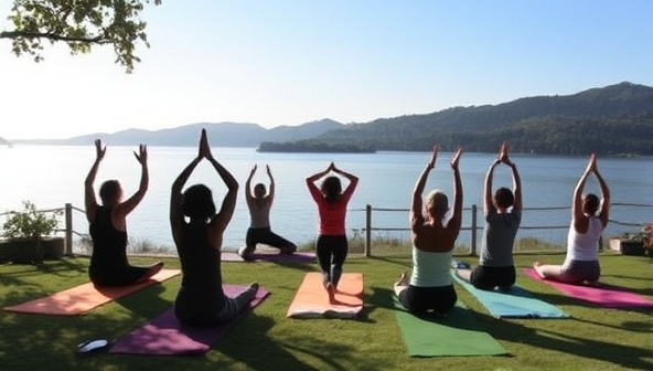 A serene and tranquil yoga retreat setting overlooking a peaceful lake, with participants engaged in a group yoga session under the clear sky, surrounded by nature and a sense of calm and balance, depicting the essence of wellness and rejuvenation.