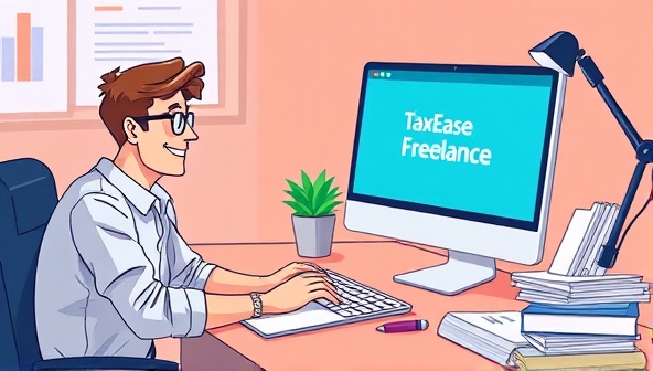 An illustration of a freelancer smiling at a computer screen while using the TaxEase Freelance platform, with tax documents organized neatly on the desk, conveying ease and efficiency in managing tax compliance for freelancers.