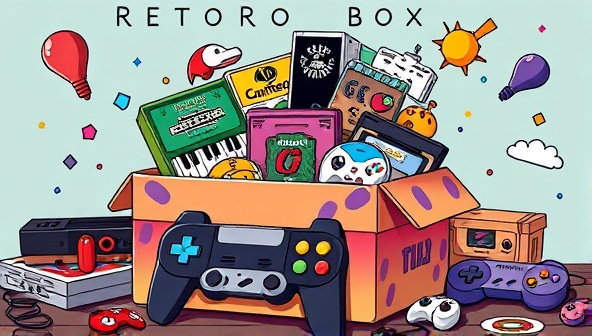 An artistic depiction of a colorful subscription box filled with retro gaming treasures, including cartridges, controllers, stickers, and throwback merchandise, evoking feelings of nostalgia and excitement for subscribers.