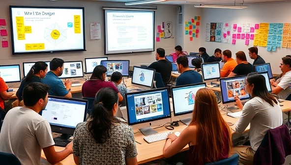 A vibrant workshop setting with participants engaged in hands-on web design activities, surrounded by computer screens displaying creative designs and colorful sticky notes with design concepts and ideas, fostering a collaborative and inspiring learning environment.