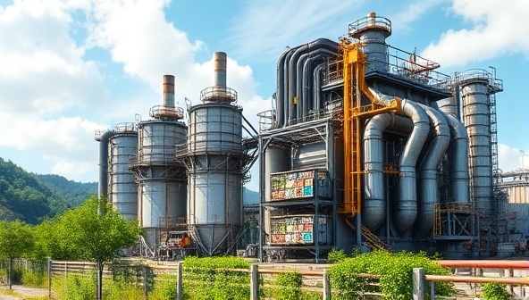 An industrial facility with waste processing equipment converting trash into energy, surrounded by lush greenery and clean air, symbolizing the transformation of waste into sustainable energy sources.