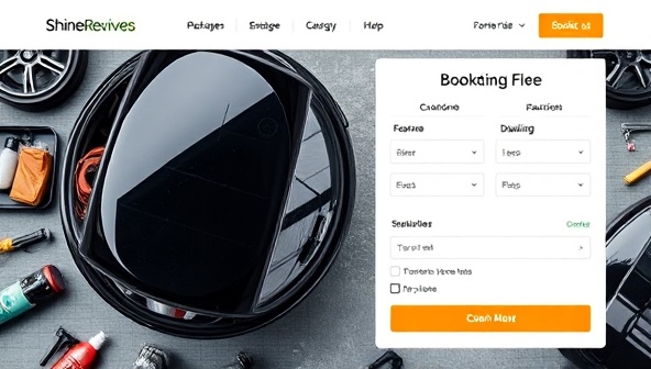 An online booking platform featuring a selection of car detailing packages, with images showcasing the transformation of a dirty car to a sparkling clean vehicle, surrounded by professional detailing tools and products, highlighting the convenience and quality of ShineRevive's services.