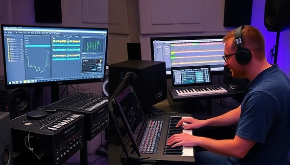A split-screen image showing two musicians in different locations working together on a virtual music project, with digital instruments and mixing tools displayed on their screens, capturing the essence of remote collaboration in music production.