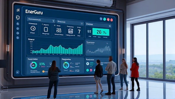 A futuristic visualization of the EnerGuru AI platform interface displaying energy consumption analytics, smart device controls, and AI optimization recommendations, with a diverse group of users managing their energy usage efficiently and reducing environmental footprint, symbolizing advanced technology and sustainable living.