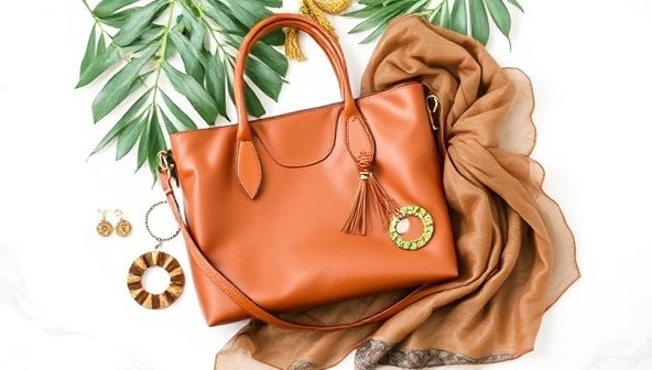 An elegant flat lay displaying a selection of eco-friendly fashion accessories from EcoChic Essentials, including a recycled leather handbag, upcycled jewelry pieces, and a sustainable silk scarf, arranged against a backdrop of green leaves and natural textures, embodying style and sustainability.