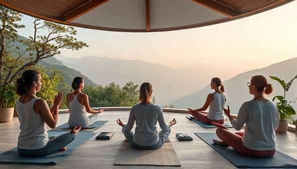 A serene virtual wellness retreat scene with participants engaging in guided meditation and yoga sessions, surrounded by tranquil nature settings and calming music, creating a peaceful and rejuvenating atmosphere for relaxation and mindfulness practice.