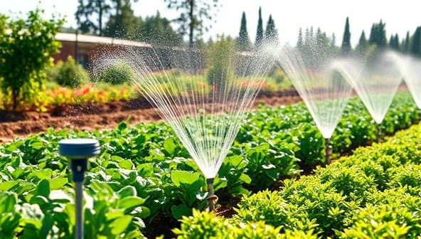 A smart irrigation system in action, watering a diverse range of plants with precision and efficiency, showcasing the technology's ability to conserve water and promote sustainable irrigation practices in agriculture and landscaping.