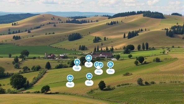 A picturesque rural landscape with rolling hills and quaint villages, overlaid with a digital map interface displaying potential ride-sharing connections between users in the area, showcasing the convenience and community-building aspects of RuralConnect Rides' platform.