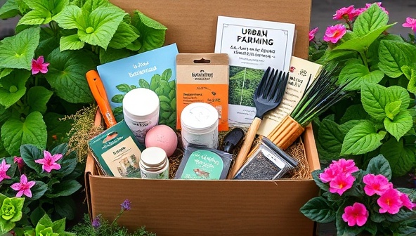 A vibrant and diverse array of agricultural tools, seeds, and educational materials neatly packed in a sustainable subscription box, surrounded by greenery and blooming plants, symbolizing the essence of eco-friendly urban farming and sustainable agriculture in a convenient package.