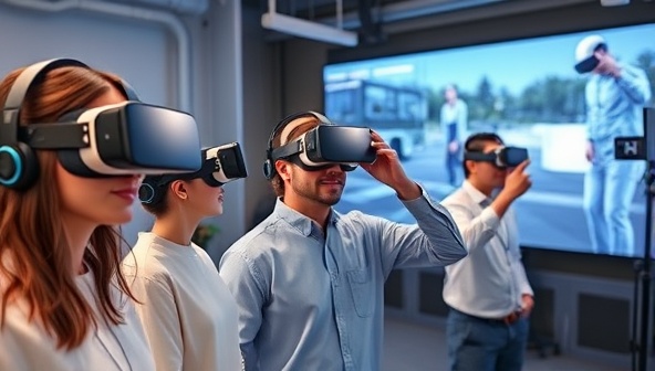 An immersive VR training simulation environment with trainees wearing VR headsets, interacting with virtual scenarios relevant to their industry, illustrating the practical application of VR training in various sectors.