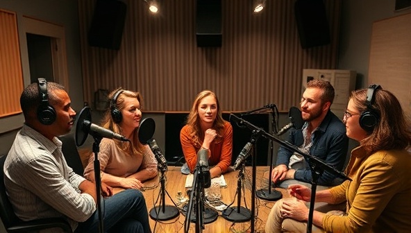 An artistic representation of a diverse group of podcast hosts recording episodes in a professional studio, surrounded by microphones and recording equipment, capturing the essence of creativity and collaboration in podcast storytelling.
