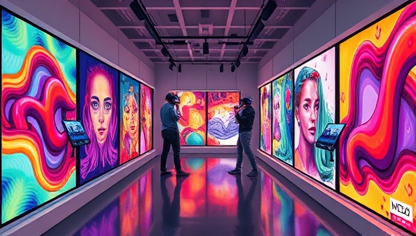 A digital gallery showcasing colorful and abstract NFT artworks displayed on virtual screens, with users interacting with the artworks through VR headsets, capturing the essence of NFTrend Art's online art marketplace for NFTs.