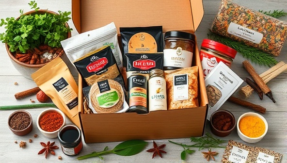 An elegantly designed subscription box filled with an array of gourmet treats, artisanal snacks, and specialty ingredients, surrounded by fresh herbs and exotic spices, evoking a sense of culinary indulgence and discovery synonymous with EpicureBox Delights.