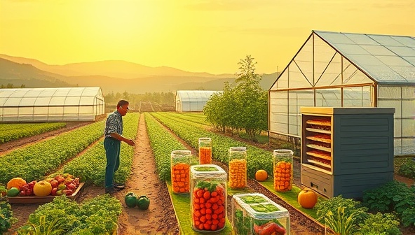 An illustrative image of a small-scale farm setting with farmers using EcoDry Harvest food dehydrators to preserve freshly harvested produce under the sun, surrounded by fields of crops and greenhouses, emphasizing sustainable farming practices and crop preservation techniques.