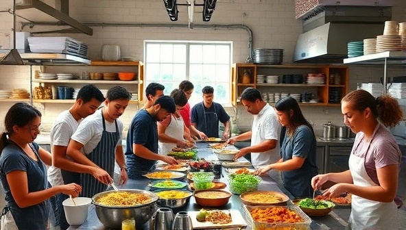 A bustling kitchen space filled with diverse individuals passionately cooking and collaborating, surrounded by shelves of ingredients and the aroma of delicious dishes being prepared, representing creativity and entrepreneurship.