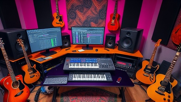 A virtual music studio setup with digital audio workstations, MIDI controllers, and professional audio equipment, surrounded by musical instruments and creative tools, inspiring a vibrant and dynamic learning environment for music enthusiasts.
