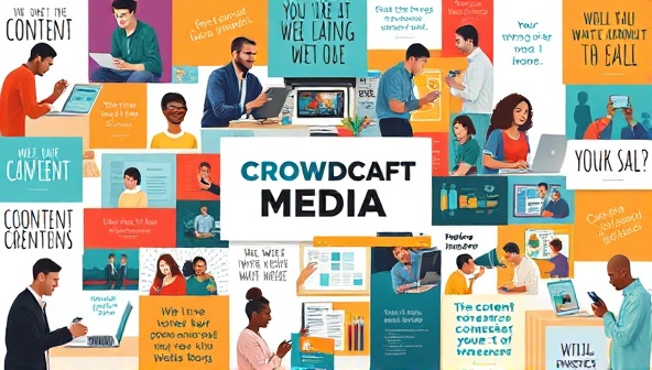 An artistic collage featuring diverse content creators working on laptops, tablets, and cameras, surrounded by colorful content samples and inspirational quotes, illustrating the collaborative and creative nature of CrowdCraft Media's crowdsourced content platform.