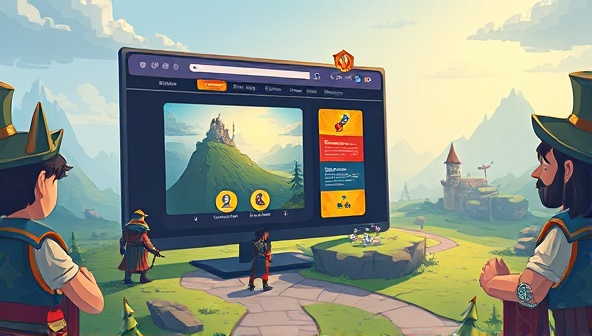 An artistic depiction of a web design interface transformed into a fantasy-themed game world, with avatars representing users exploring design quests, earning points, and unlocking creative tools, capturing the playful and immersive essence of PixelQuest Web's gamified web design platform.