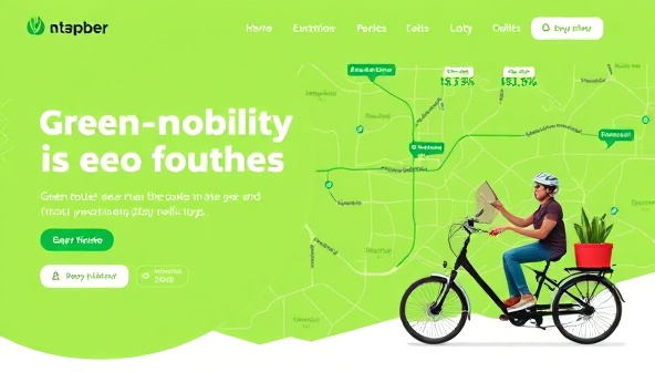 A visually appealing website banner showcasing an eco-friendly transportation map with green routes, emission reduction statistics, and happy commuters using sustainable transportation modes like bicycles, electric vehicles, and public transit, illustrating the platform's commitment to green mobility solutions.