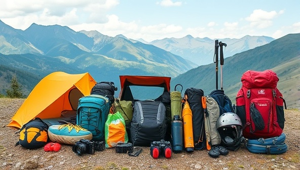 A diverse collection of outdoor gear and equipment neatly arranged in a backdrop of scenic nature, including tents, backpacks, hiking poles, snorkeling gear, and cameras, symbolizing adventure, exploration, and the excitement of outdoor experiences.