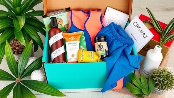 An elegantly designed wellness box overflowing with vibrant fitness gear, organic snacks, wellness products, and motivational items, surrounded by greenery and natural elements, evoking a sense of vitality and self-care.