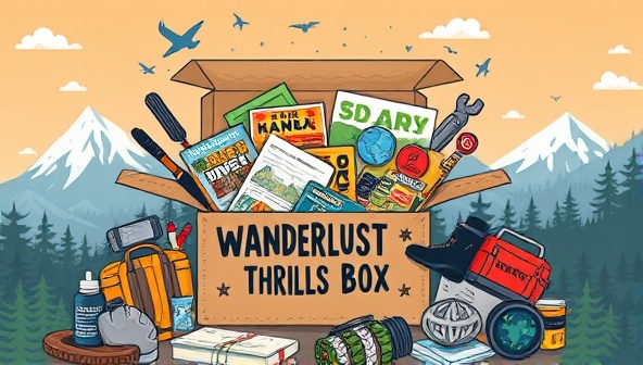 An artistic representation of a vibrant subscription box bursting with adventure gear, maps, and travel guides, surrounded by nature elements like mountains and forests, evoking a sense of excitement and wanderlust for subscribers of Wanderlust Thrills Box.