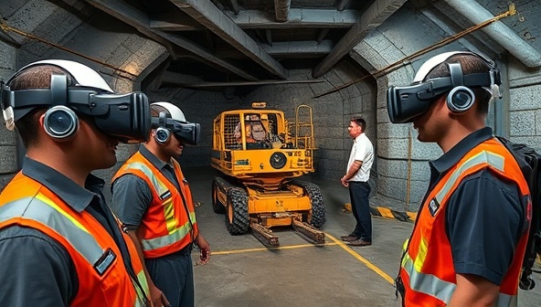 An immersive VR training session with miners wearing VR headsets, interacting with virtual mining equipment, and practicing safety procedures in a realistic underground mine environment, illustrating the engaging and interactive nature of VR mine training.