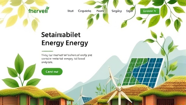 An artistic representation of a website interface with nature-inspired elements like leaf motifs, earthy color schemes, and images of renewable energy sources, conveying a harmonious blend of sustainability and aesthetics in web design.