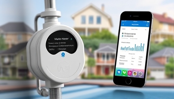 An innovative water meter connected to a smartphone app, displaying real-time water usage data and alerts, with a background showing a diverse range of properties benefiting from smart water monitoring.