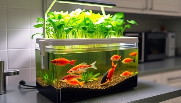 An indoor aquaponics microfarm kit displayed on a kitchen counter, showcasing lush green plants growing above a tank of colorful fish, creating a harmonious and sustainable ecosystem within a compact space.