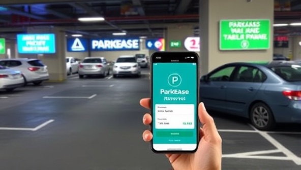 An urban parking lot with digital signage displaying available spots, a smartphone screen showing the ParkEase app with a confirmed reservation, and a driver entering a designated parking space with ease, highlighting the convenience and accessibility of the smart parking reservation system.