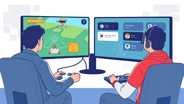 An illustration of a mentor guiding a novice gamer through a virtual gaming session, with screens displaying gameplay strategies, tips, and feedback, highlighting the educational and supportive aspect of the Virtual Gaming Mentorship Platform.