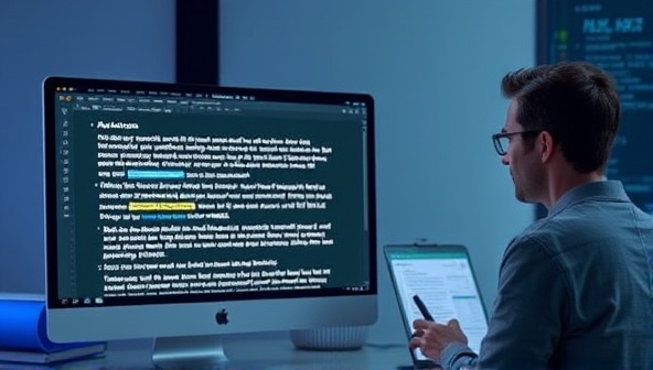 An AI-powered editing software interface displaying a text document with real-time grammar suggestions, style corrections, and plagiarism checks, alongside a human editor reviewing the AI-generated recommendations, symbolizing the harmonious blend of technology and human expertise in content editing services.