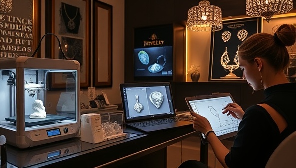An elegant jewelry studio setting with 3D printers in action, intricate jewelry designs displayed on screens, and a jewelry designer sketching a custom piece, illustrating creativity and technology intertwined in jewelry making.
