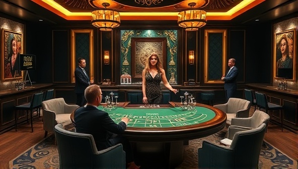An elegant and sophisticated image of a virtual casino room with a live dealer interacting with players on a luxurious gaming table, surrounded by a stylish and upscale setting, evoking a sense of exclusivity and high-class gambling experience.
