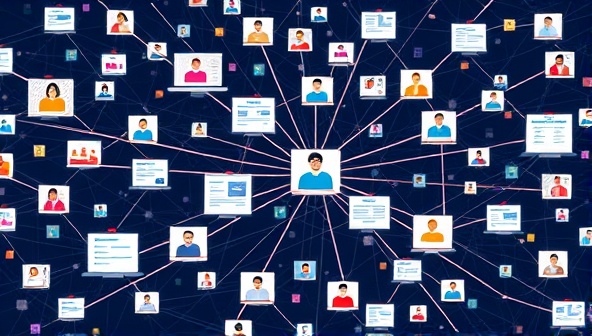 An intricate web of interconnected customer profiles and personalized marketing messages flowing seamlessly through digital channels, illustrating the personalized marketing automation facilitated by PersonaSync's platform.