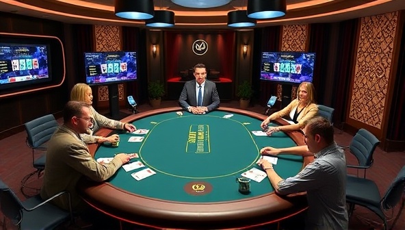 A live streamed poker table featuring professional dealers, virtual players, and interactive chat functionalities, capturing the immersive and social gaming experience within the PokerVision Live virtual poker room.