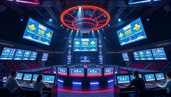 An interactive gaming arena with players competing in skill-based challenges, surrounded by futuristic digital displays showing real-time scores and prizes, creating an immersive and competitive gaming environment for SkillBet Arena subscribers.