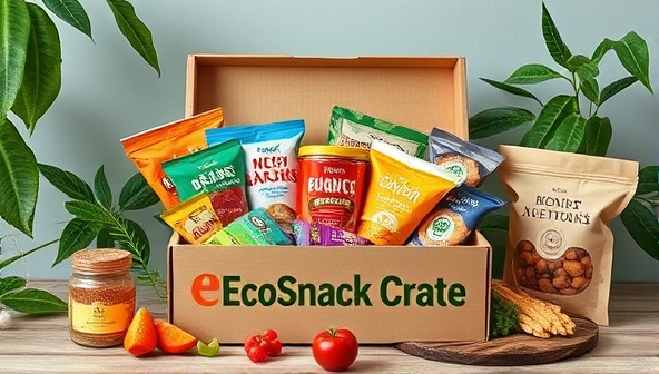 An aesthetically pleasing image of the EcoSnack Crate snack box filled with an assortment of colorful and delicious snacks, surrounded by eco-friendly packaging materials and green leafy accents, evoking a sense of sustainability and indulgence in eco-friendly snacking.