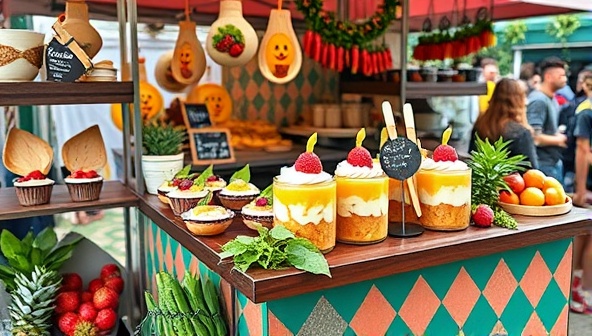 A colorful and inviting food stand adorned with an array of plant-based desserts, surrounded by fresh fruits, herbs, and eco-friendly serving utensils, attracting customers with a sweet tooth and a penchant for healthy indulgence at a bustling outdoor event.
